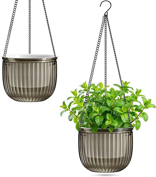 Halatool 2 Pack Self Watering Hanging Planters for Plants, 8.3 Inch Hanging Baskets, 3 Hooks Plant Hangers with Drainage Holes for Gardening (Gray)