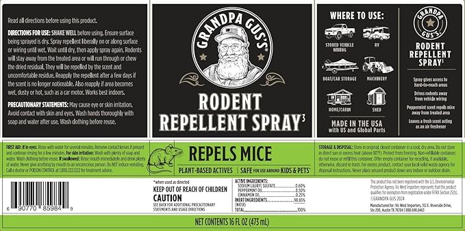 Grandpa Gus's Rodent Repellent Spray, Peppermint & Cinnamon Oil, Prevents Mouse/Rats from Nesting & Chewing on Wires, 16 fl oz (1 Bottle)