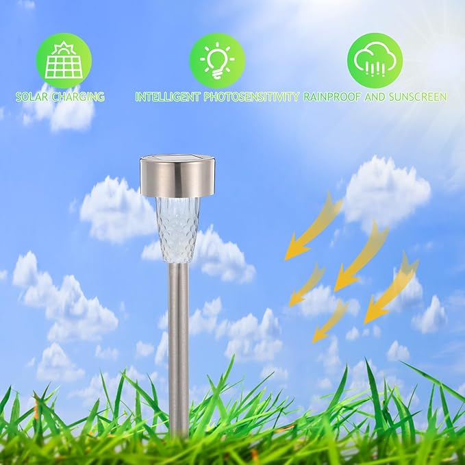 12Pcs Stainless Steel Solar Lawn Stake Lights Warm White Outdoor Pathway Garden Solar Powered Decorative Lighting for Yard Patio