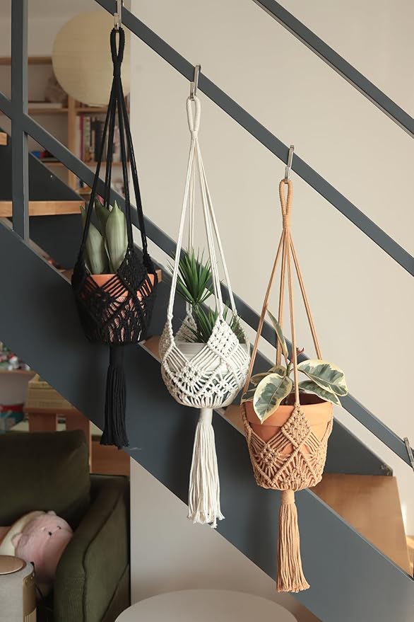 Hanging Planter with Patterns,4Packs Macrame Plant Hangers Indoor Macrame for up to 8 inch Pot Crochet Boho Plant Hanger Holder for Indoor Outdoor with 4S Shaped Stainless Steel Hooks (4colors)