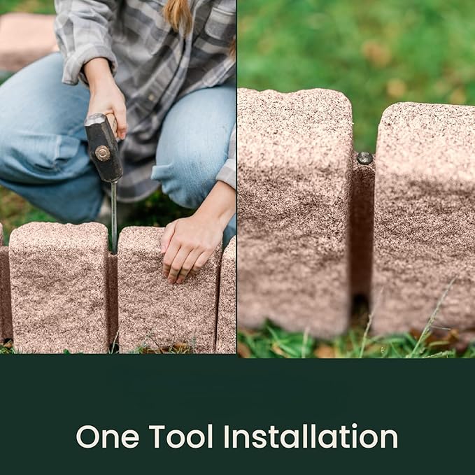 Beuta Landscape Edging | Garden Edging Border | Faux Stone Block XL for Lawn Edging, Flower Beds & Yard Edging – 4 Pack | Each Section Has 6 Blocks 48" L x 4" W x 9.5" H | 12 Spikes | Sandstone