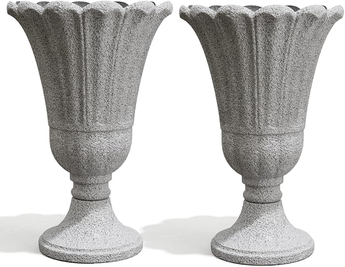 Tall Plastic Urn Planters for Outdoor Plants Set of 2-23.6" H Classic Petal Design Indoor Large Flower Pots with Drainage Holes, Outdoor Planters for Porch Decor/Garden Vase, Grey