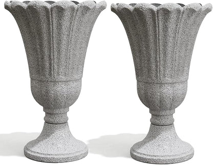 Tall Plastic Urn Planters for Outdoor Plants Set of 2-23.6" H Classic Petal Design Indoor Large Flower Pots with Drainage Holes, Outdoor Planters for Porch Decor/Garden Vase, Grey