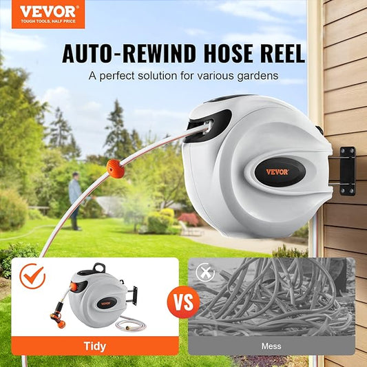 VEVOR Retractable Hose Reel, 84 ft x 5/8 inch, Garden Water Hose Reel with 9-Pattern Nozzle, 180° Swivel Bracket Wall-Mounted, Automatic Rewind, Lock at Any Length, with Slow Return System