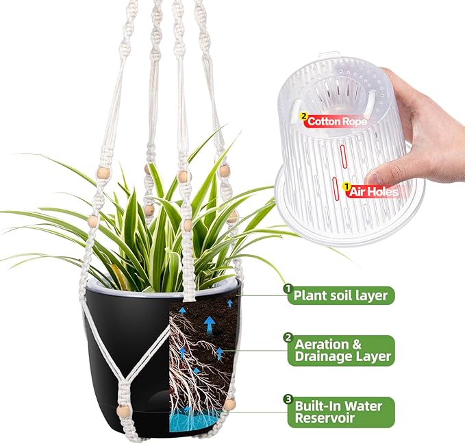 2-Pack 7.1-Inch Self-Watering Hanging Planters for Indoor & Outdoor Plants,34Inch Macrame Hanger Plant Pots Indoor with Drainage,Small Hanging Planters & Baskets,With Two Sets of Hooks（Pure black）