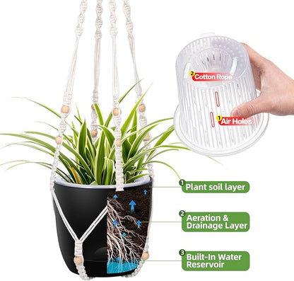 2-Pack 7.1-Inch Self-Watering Hanging Planters for Indoor & Outdoor Plants,34Inch Macrame Hanger Plant Pots Indoor with Drainage,Small Hanging Planters & Baskets,With Two Sets of Hooks（Pure black）