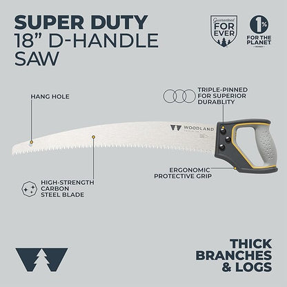 Woodland Tools Super Duty D-Handle Pruning Saw – Curved Tree Saw with Hardened Steel Blade, Aggressive Teeth, Non Slip Grip – Manual Tool for Limb Cutting, Branch Removal, and Yard Work