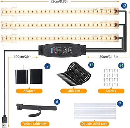 LED Grow Light Strips, Grow Lights for Indoor Plants Full Spectrum 3000K, Plant Light Bar with 3/9/12H Timer, 10 Dimmable Levels for Seedling Succulent,Best Match for Plant Shelf(3 Head×2 Pack)