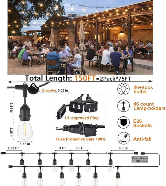 Outdoor String Lights LED 150FT Waterproof Heavy-Duty Patio Lights String with 50 Dimmable Shatterproof Plastic Edison Bulbs(4 Extra) for Gazebo Pergola Bistro Lights Connectable