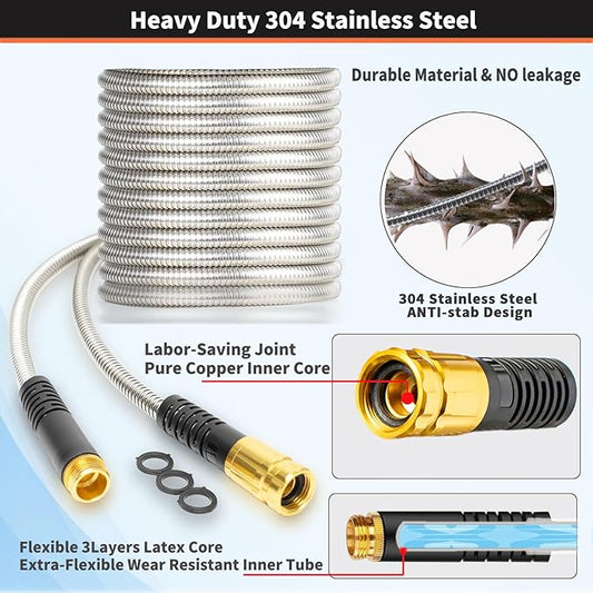 Metal Garden Hose 75FT Heavy Duty Lightweight 304 with Brass Nozzle,Durable Fittings,No Kink & Tangle,Puncture Resistant,Easy to Use & Store for RV,Outdoor, Yard,Ligh (75ft)