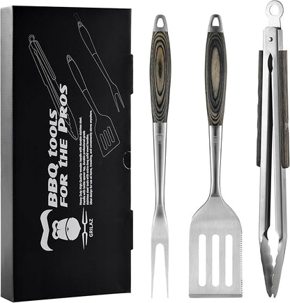 Stainless Steel BBQ Tool Set with Veined-Dyed Wooden Handles | Heavy Duty Grilling Accessories | 3-Piece Outdoor Barbecue Grill Utensil Set with Spatula, Fork, and Tongs - Ideal Gift for Men…
