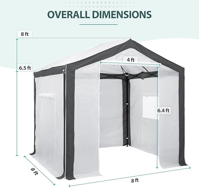 EAGLE PEAK 8x8 Portable Walk in Greenhouse with Polyester Reinforced Corners, Heavy Duty Instant Pop Up Indoor Outdoor Green House, Front Roll Up Zipper Entry Door and Mesh Windows, Gray/White