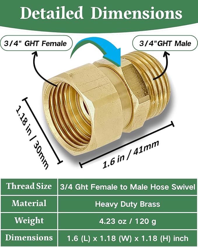 3/4 Ght Garden Hose 360° Swivel Connector Adapter,Swivel Fitting Use for Garden Hoses,Hose Nozzles,Sprayers,Lawn Sprinklers,and Other Garden Watering Devices