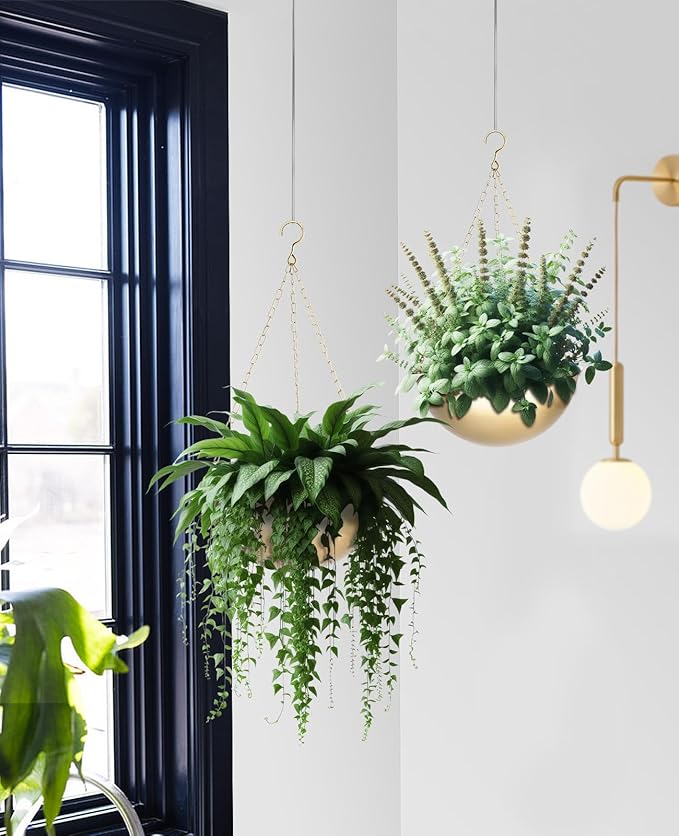 AceList 2 Pack Gold Hanging Planter for Indoor Plants - 9.8 Inch Boho Metal Plant Hanger Indoor with Hooks, Hanging Plant Holder for Window and Ceiling