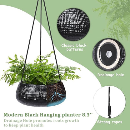 8 Inch Hanging Planters for Indoor Plants - Small Hanging Flower Pots with Drainage Holes Round Ceramics Hanging Plant Pots Black