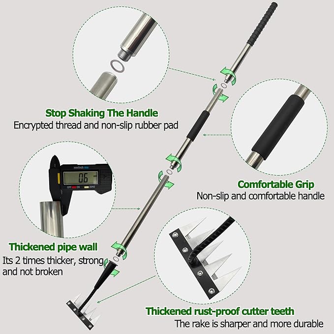 Forged Iron Weeding Rake,Gardenia 2.0 Iron Weed Rake with Long Handle,Thickened 5 Teeth Carbon Steel Garden Weeding and Leaf Removal Tools