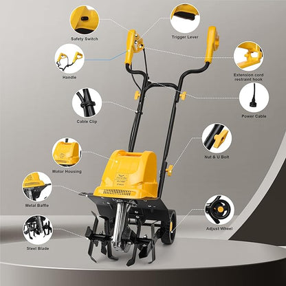 Electric Tiller/Cultivator 4 Steel Tines, 8'' Tilling Depth Garden Roto Tillers for Gardening, 13.5 Amp 12 Inch Corded Rototiller with Adjustable Wheels, Yellow