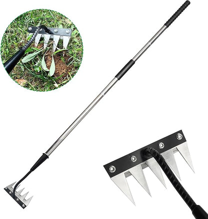 Forged Iron Weeding Rake,Gardenia 2.0 Iron Weed Rake with Long Handle,Thickened 5 Teeth Carbon Steel Garden Weeding and Leaf Removal Tools