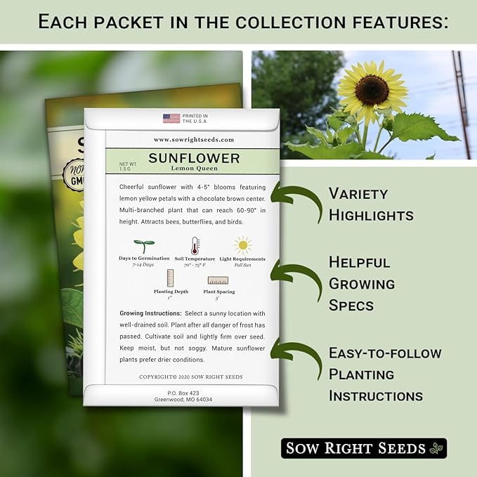 Sow Right Seeds - Sunflower Seed Collection for Planting - Includes 3 Varieties: Dwarf Sungold, Lemon Queen, and Velvet Queen - Non-GMO Heirloom Packet with Instructions - Giant and Miniature Blooms