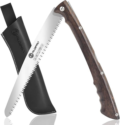 Folding Pruning Saw 10 Inch with Leather Sheath and Wenge Wooden Handle, SK5 Steel Blade, Foldable Hand Saw for Camping, Survival, Wood Cutting, Bushcraft and Tree Trimming
