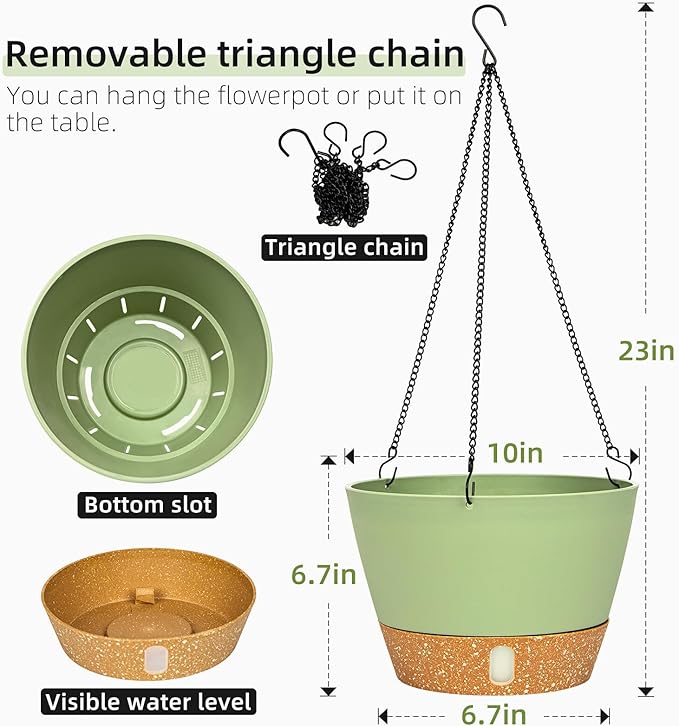 QCQHDU 2 Pack 10 Inch Hanging Planters for Indoor Outdoor Plants, Hanging Baskets Flower Pots with Reservoir Tray & Visible Water-Level