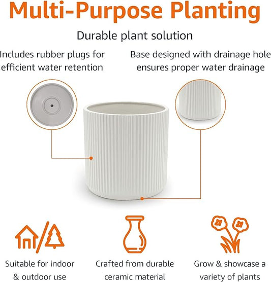 Amazon Basics Fluted Ceramic Round Planter, 8-inch, White
