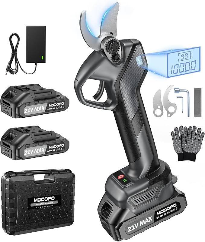 Upgraded Electric Pruning Shears, 1.6" Cutting Diameter Cordless Pruner with LCD Display, Brushless Motor, 2×2.0Ah Rechargeable Batteries & Extra Blade for Garden Trees and Branches