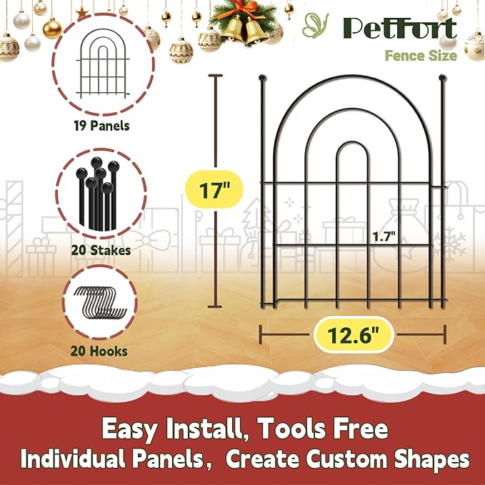 Garden Fence Panels, 17 in (High) x 20 ft (Long) Flower Bed Fencing for Small Animal Barrier, 19 Pcs Metal Decorative Fences Border with Hooks