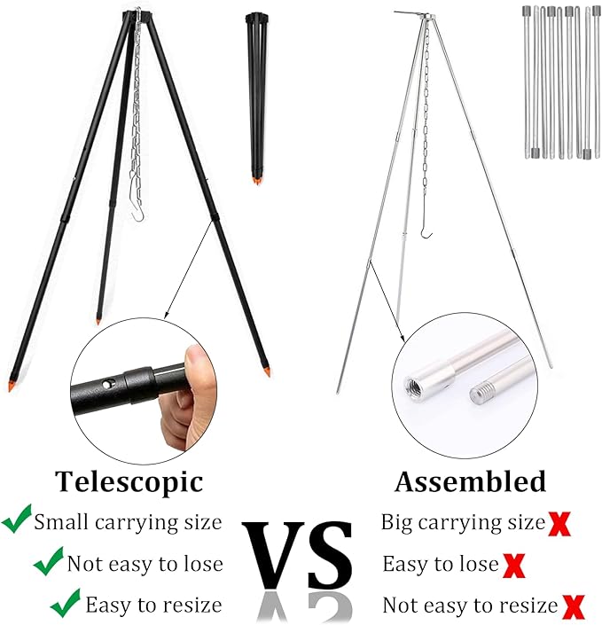 Camping Tripod for Cooking Five-Section Adjustable Campfire Tripod with Adjustable Suspension Chain Suitable for Camping, Campfire,Dutch Oven,Outdoor BBQ (Black)
