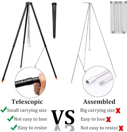 Camping Tripod for Cooking Five-Section Adjustable Campfire Tripod with Adjustable Suspension Chain Suitable for Camping, Campfire,Dutch Oven,Outdoor BBQ (Black)