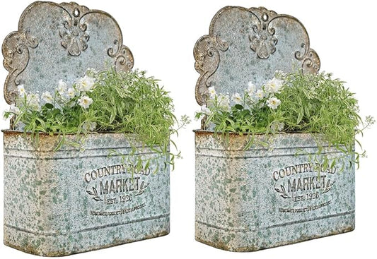 All Chic Set of 2 Metal Hanging Wall Planters Outdoor Indoor Mail Wall Mounted Planter Antique Shabby Chic Wall Decor (Grey)