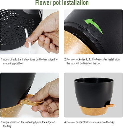 12 inch Large Self Watering Pots, Flower Plant Pots with Drainage Holes for Indoor Outdoor Garden Plants, Plastic Planters with Removable Deep Reservoir, Black with Brown