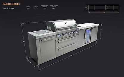 Mont Alpi MAi805-BEV 44-inch 6 Burner 115000 BTU Stainless Steel Modular Outdoor Kitchen Island Barbecue Grill with Beverage Center + White Granite Countertops + Outdoor Rated Refrigerator