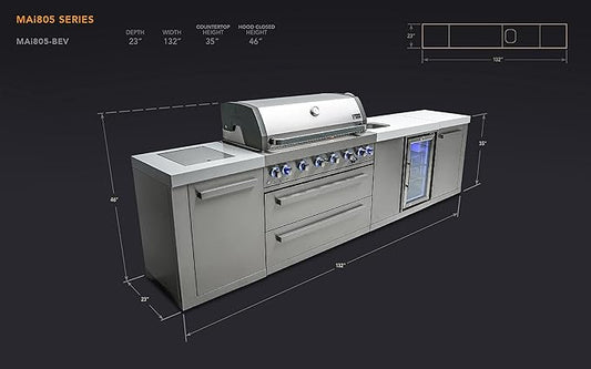 Mont Alpi MAi805-BEV 44-inch 6 Burner 115000 BTU Stainless Steel Modular Outdoor Kitchen Island Barbecue Grill with Beverage Center + White Granite Countertops + Outdoor Rated Refrigerator