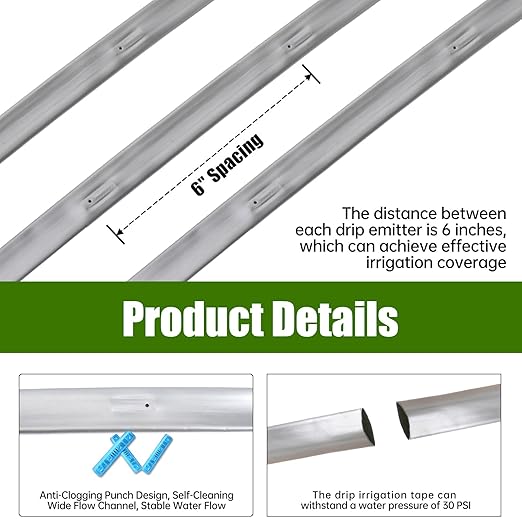 2000FT 5/8 Inch 16 Mil Drip Tape Irrigation Kit, 6" Spacing Roll 16 Mil Drip Tape Irrigation, Durable Reinforced PE Material Anti-Bird Pecking Silver Anti-Burning Seedlings Drip Irrigation System