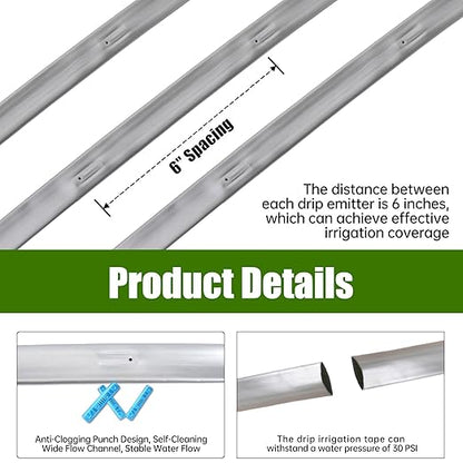 500FT 5/8 Inch 16 Mil Drip Tape Irrigation Kit, 6" Spacing Roll 16 Mil Drip Tape Irrigation, Durable Reinforced PE Material Anti-Bird Pecking Silver Anti-Burning Seedlings Drip Irrigation System