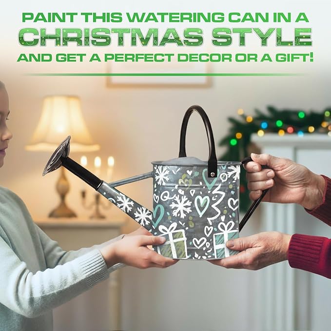 Plexon 1 Gallon Metal Watering Can Outdoor, Flower Plant Gardening Garden Large Galvanized Watering Can Pot Pitcher, Steel Black Handles and Removable Spray Spout