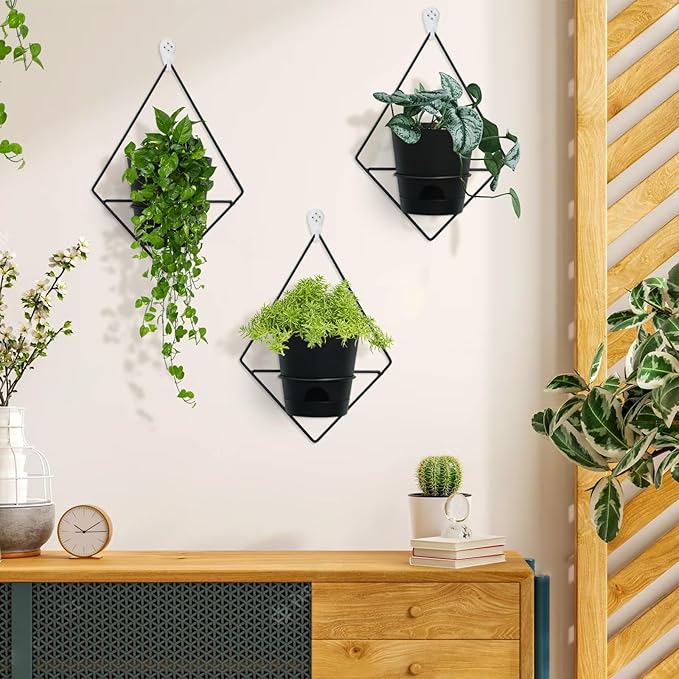 3 Sets Wall Planters for Indoor Plants Geometric Hanging Planters for Indoor Plants - Self-Watering Flower Pots with Black Metal Holder, Mounted Succulent Planter, 5" Black Plant Pot