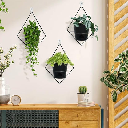 3 Sets Wall Planters for Indoor Plants Geometric Hanging Planters for Indoor Plants - Self-Watering Flower Pots with Black Metal Holder, Mounted Succulent Planter, 5" Black Plant Pot