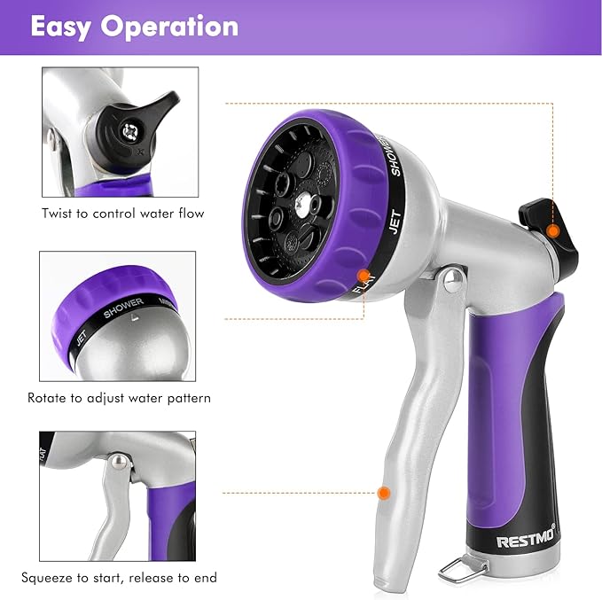 RESTMO Garden Hose Nozzle, Heavy Duty Metal Water Hose Nozzle with 7 Adjustable Spray Patterns, High Pressure Hand Sprayer with Flow Control, Best for Watering Plant & Lawn, Washing Car & Pet, Purple