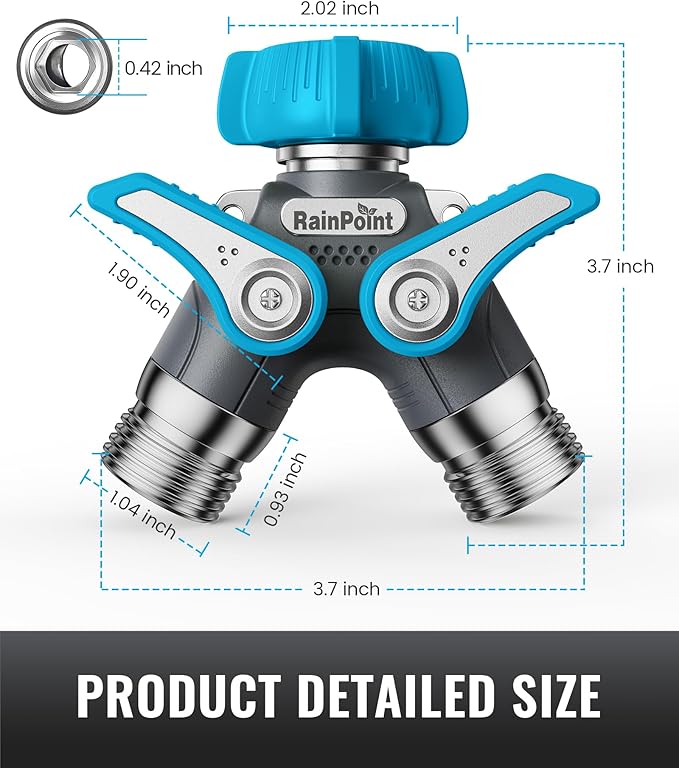 RAINPOINT Garden Hose Splitter, 2 Way Heavy Duty Water Hose Y Spigot Splitter with Shutoff Valves, 100% Metal Body Outdoor Faucet Splitter, 1.9" Extra Long Metal Handle, 3/4" GHT Thread (1, Blue)