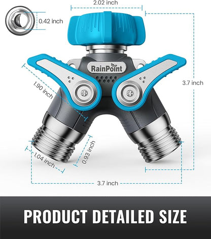 RAINPOINT Garden Hose Splitter, 2 Way Heavy Duty Water Hose Y Spigot Splitter with Shutoff Valves, 100% Metal Body Outdoor Faucet Splitter, 1.9" Extra Long Metal Handle, 3/4" GHT Thread (1, Blue)