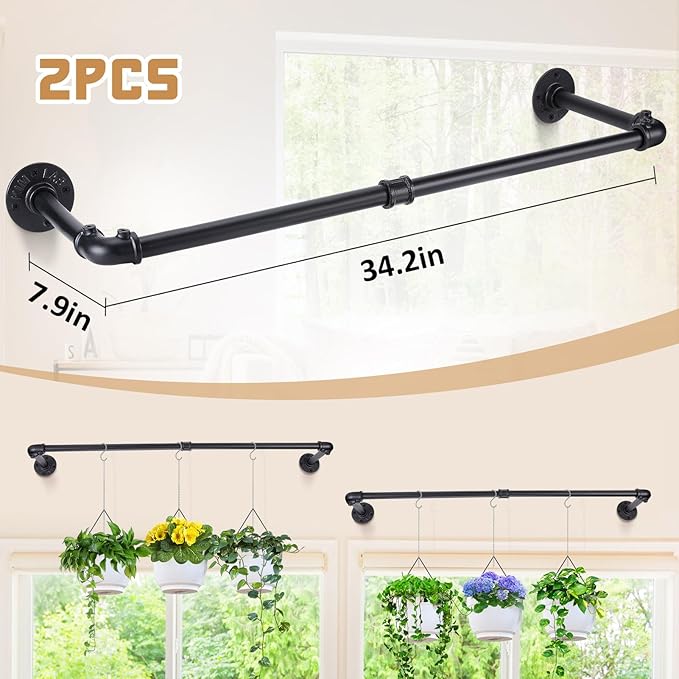 Bigmeta 34in Hanging Planters Rod for Indoor Plants - Max. Load 44 lb Black Metal Holder Rod for Wall Ceiling Decor, 2 Pcs (Pot Chain & Plants Not Included)