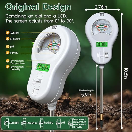 6-in-one Soil Test Kit-Soil Moisture Meter/PH Meter/Fertility/Sunlight Intensity Soil Tester, LCD Air Hygrometer&Temperature Moisture Meter for Plants-Garden, Lawn,Farm,2 Pack Detachable Probe