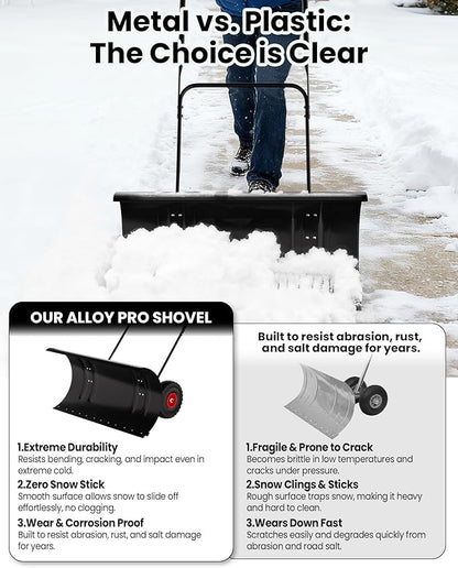 36” Snow Shovel for Driveway,Heavy Duty Wheeled Rolling Shovels 5 Position Angled Blade, Ergonomic Handle & Rubber Wheels for Efficient Snow Removal, Snow Plow for Doorway,Driveway and Sidewalks