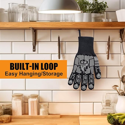 BBQ Gloves, Oven Gloves, Extreme Heat Resistant Barbecue Gloves, Silicone Non-Slip Oven Mitts, Kitchen Gloves for Cooking, Grilling, and Baking (Gray)