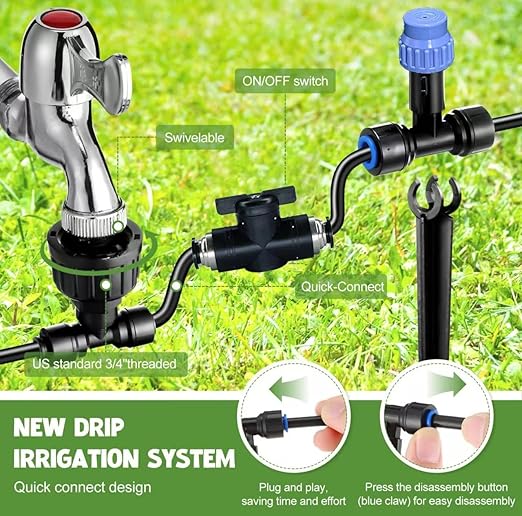 16.4FT Quick-Connect Drip Irrigation Kit, Garden Watering System DIY Automatic Irrigation Equipment Set for Lawn Raised Bed Greenhouse Plant Watering with 1/4'' Tubing, Drip Emitters, Connectors