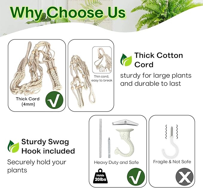 43 Inches Macrame Planter Hanger Large for 12 inch Pot + Swag Hook (Extra Long & Big) | Large Hanging Planter for Indoor Plants | No Tassel, Cotton Rope, NO Pot/Plant Included (Beige)(XL)