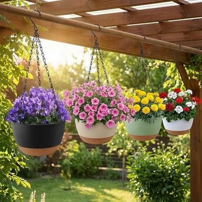 2 Pack 10 Inch Hanging Planters for Indoor Outdoor Plants, Plastic Hanging Basket Flower Plant Pots, Plant Self Watering Pot with Drainage Holes and Saucers for Garden Home (Beige)