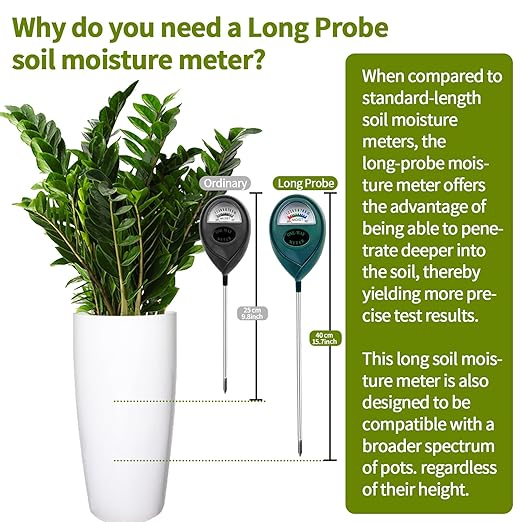 2 x Long Probe for Deep Use Soil Moisture Meter, Soil Moisture Meter, Hygrometer for Garden & Agriculture, Soil Tester, Soil Water Tester, No Batteries Required